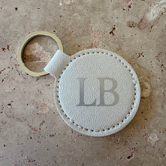 Personalised Stitched Round Faux Leather Keyring | Custom Name Keychain